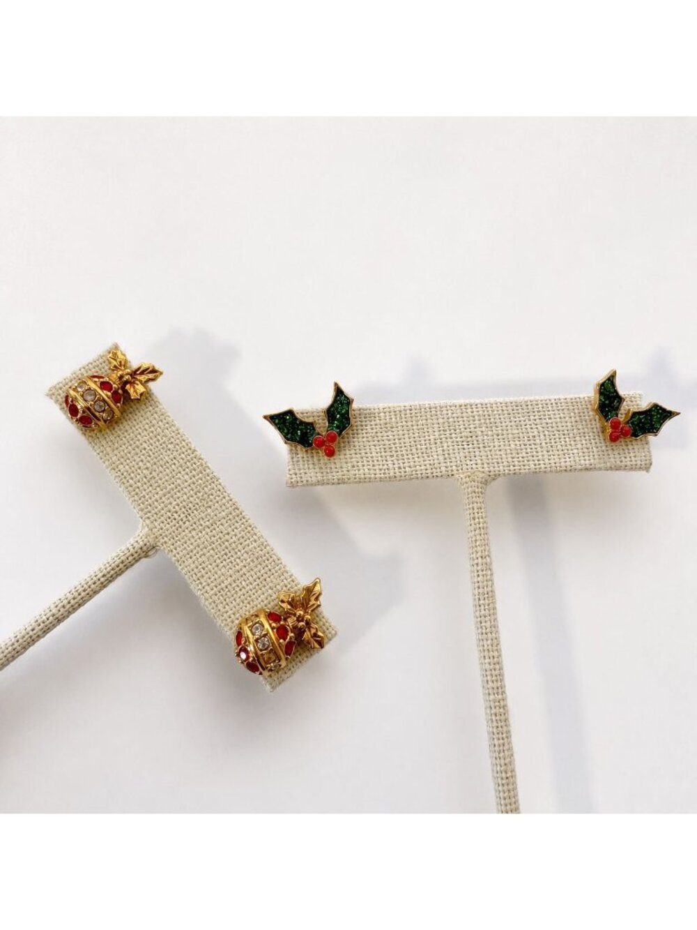 Avon Christmas Earrings 2 Pair Holly Leaves Ornaments Gold Tone Pierced Vintage